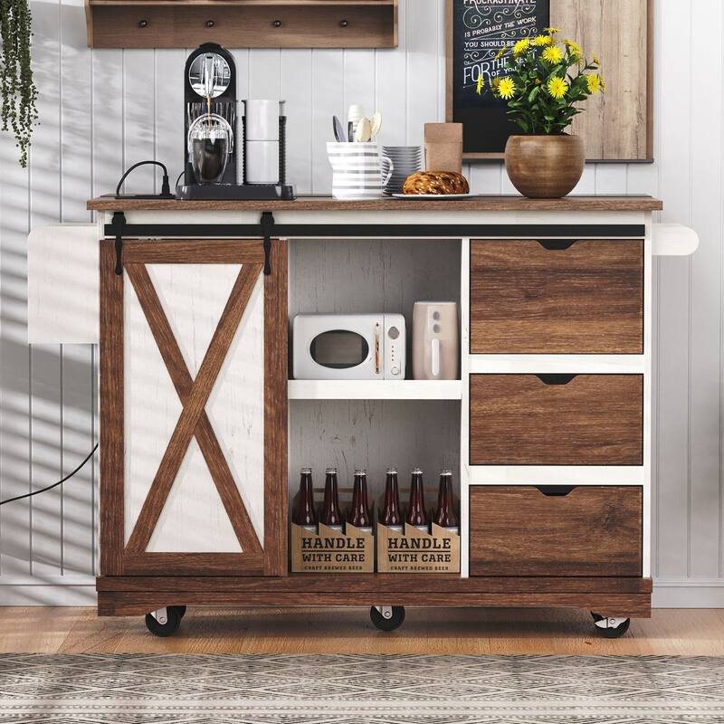 Farmhouse Kitchen Island with Drop Leaf, Kitchen Storage Island with Barn Door, Power Outlet, Rolling Kitchen Cart on Wheels