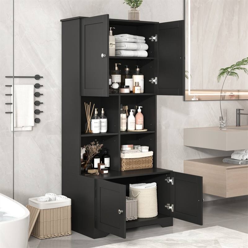 Tall Bathroom Storage Cabinet with 4 Doors, Freestanding Bathroom Storage Unit Floor Cabinet w/Adjustable Shelves & Open Storage