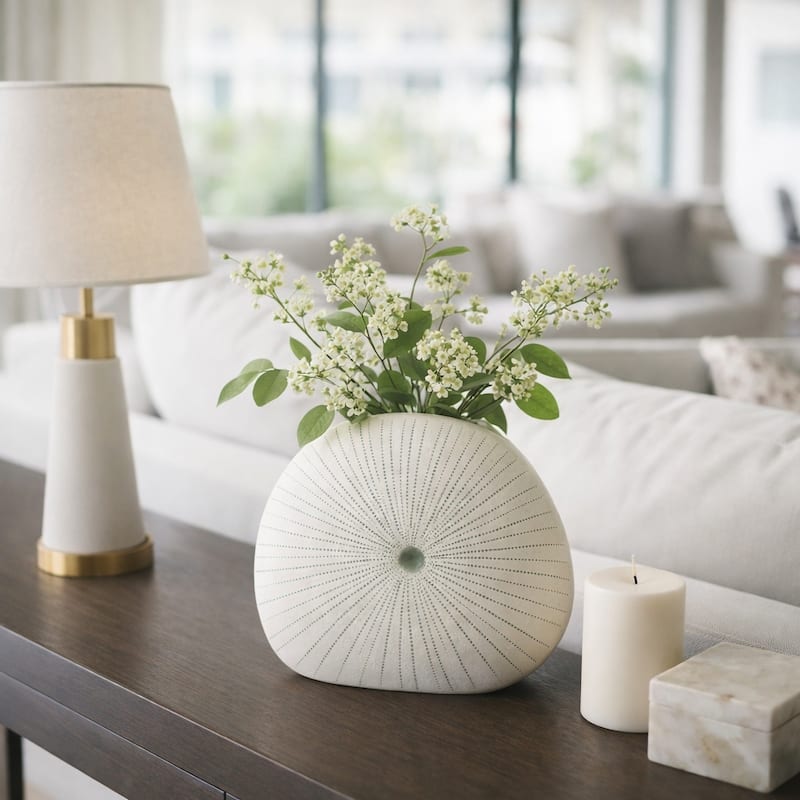 Round Shell Ceramic Vase - Stylish Dotted Pattern Flower Vase - Green - 10.0"