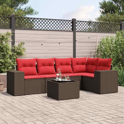 vidaXL 6 Piece Patio Sofa Set with Cushions Brown Poly Rattan - 24.4 x 24.4 x 27.2 (W x D x H)