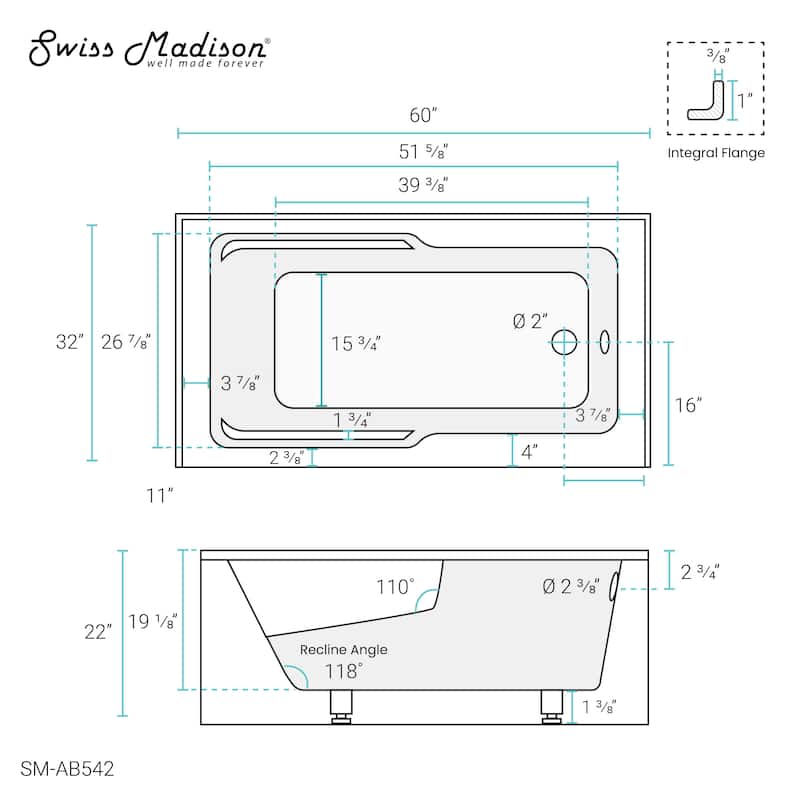 Swiss Madison Voltaire, Acrylic White, Alcove, Integral Armrest, Bathtub with Apron