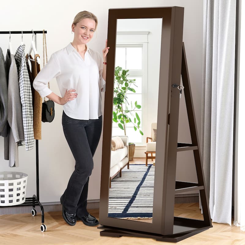 Standing Lockable Jewelry Armoire Jewelry Cabinet Organizer with Full-Length Mirror - 62.4"×14.8"