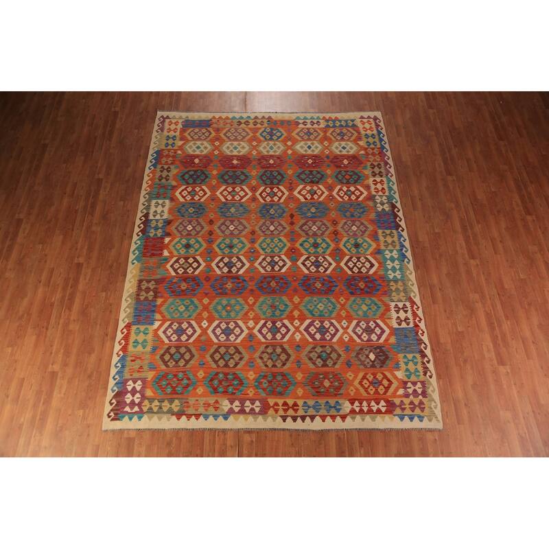 Orange Kilim Reversible Area Rug Hand-Woven Tribal Wool Carpet - 8'4"x 11'2"