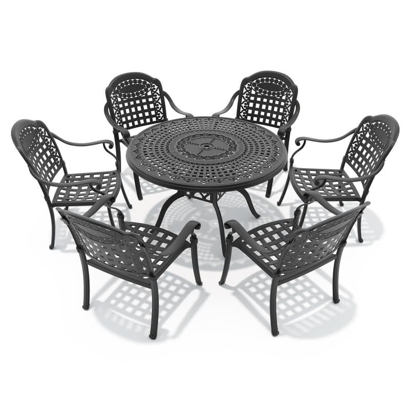 7-Piece Cast Aluminum Outdoor Dining Set with 47.24 in. Round Table and Seat Cushions