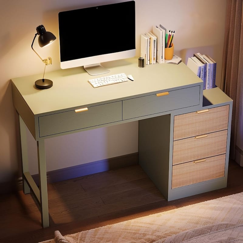 Reversible Wood Computer Desk with 5 Drawers, Small Writing Desk Study Corner Table Workstation for Home Office, Small Spaces