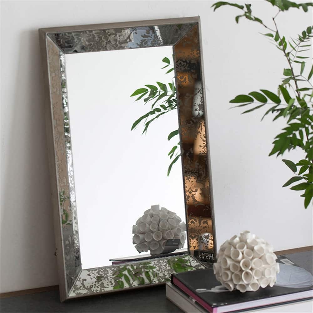 Antique Silver Rectangle Mirror w/Floral Accents,Mirrored Display Tray
