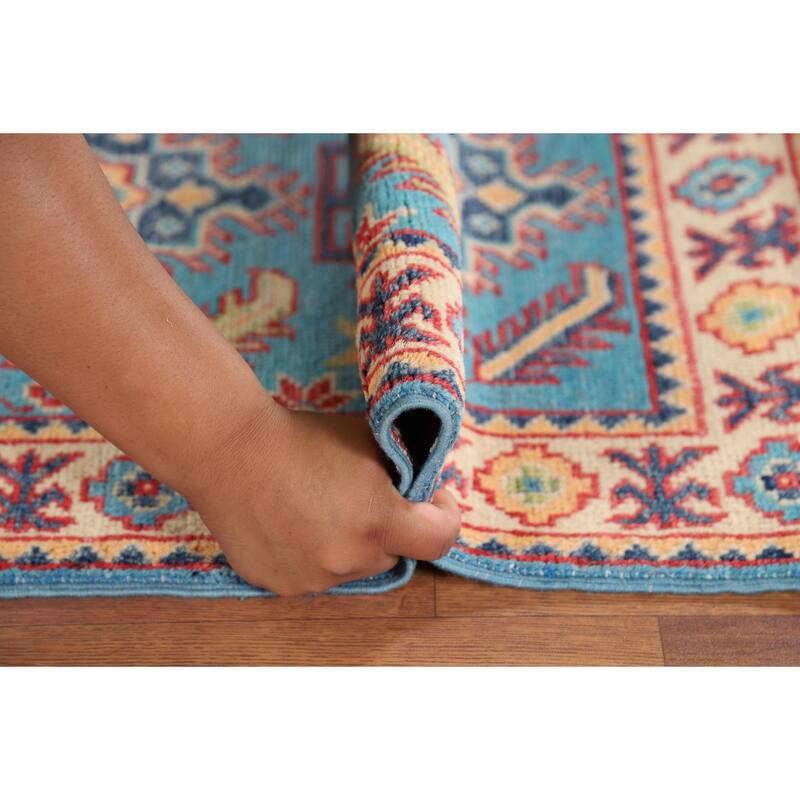 Hand Knotted Oriental 100% Wool Carpet Traditional Geometric Navy Blue & Blues Kazak Area Rug - 3' 0'' X 2' 0''