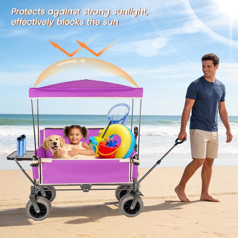 3-in-1 Collapsible Wagon,Convertible Folding Cart with Canopy &Rear-Mounted Folding Tabletop, 500lbs Heavy-Duty, 180L Capacity
