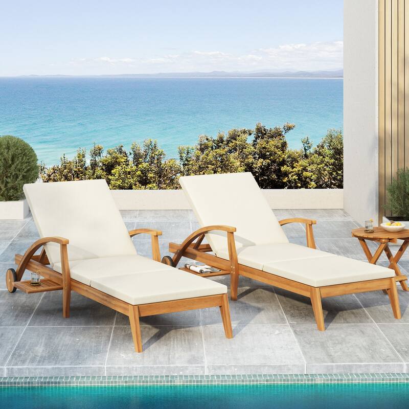 Wood Outdoor Chaise Lounge Set with Wheels, Adjustable Backrest, Foldable Side Table and Cushions for Poolside Balcony