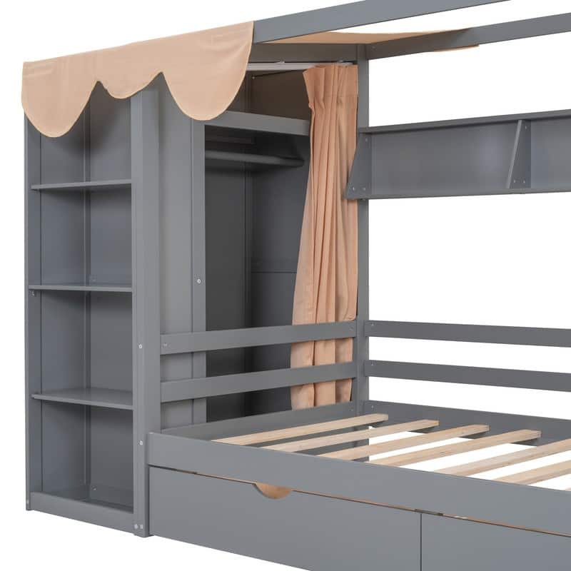 Twin size House Bed with 2 Drawers,Storage Shelf and Wardrobe