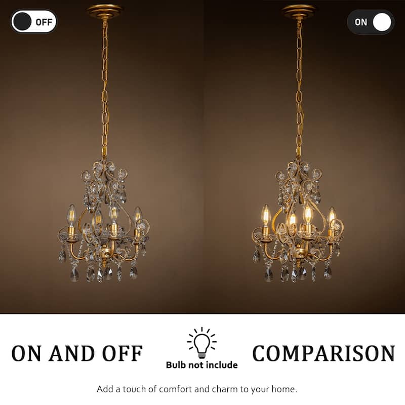 3/4-Lights Vintage Small Candlestick Crystal Chandelier in Antique Gold