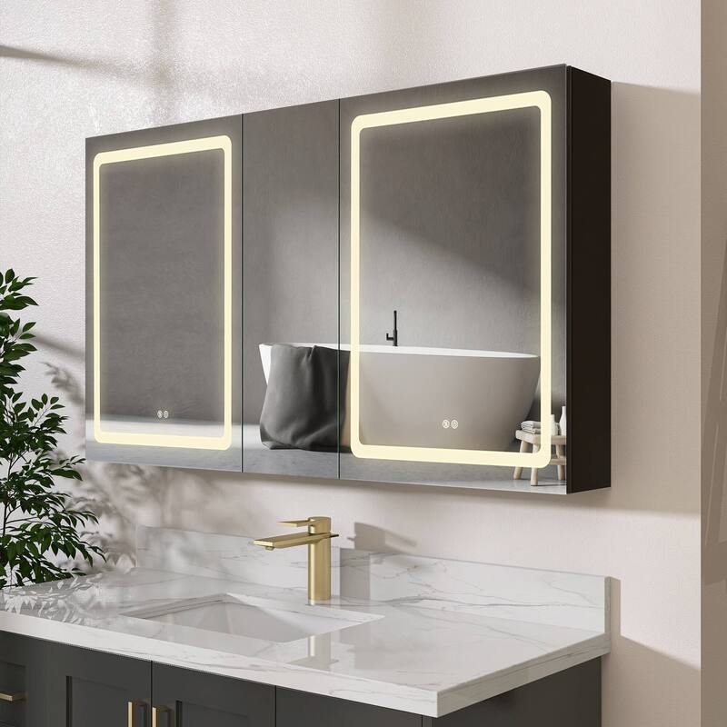 ZEAFIVE LED Black Bathroom Medicine Cabinet Surface Mount Defog Medicine Cabinet 3 Lights Dimmable