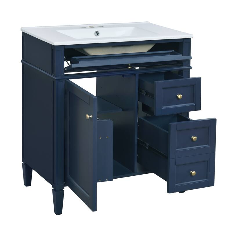 Single Sink Vanity for Bathroom Storage Cabinet with Tip-out Drawer, Small Drawer, Large Drawer, Door Rack and Adjustable Shelf