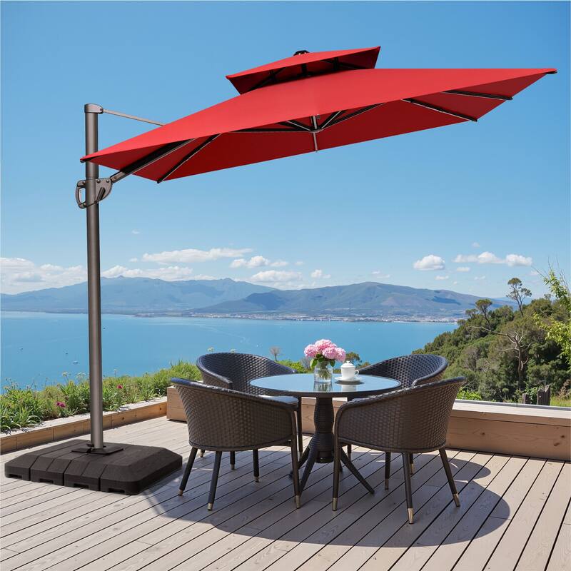 9 x 12 ft Double Top Patio Cantilever Umbrella with Base, 360-degree Rotation
