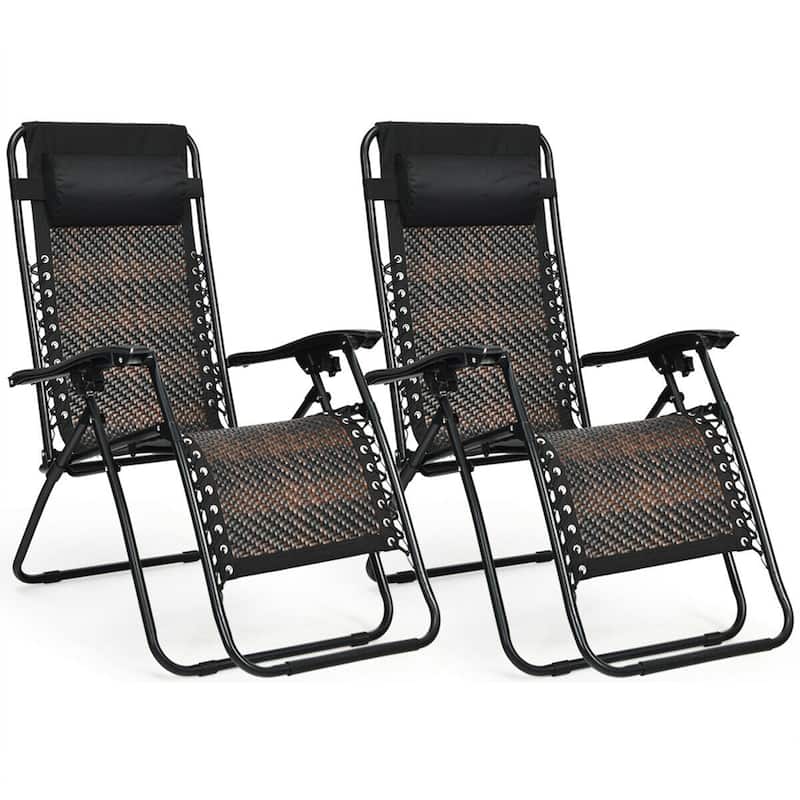 2PCS Foldable Patio Rattan Zero Gravity Lounge Chair with Headrest