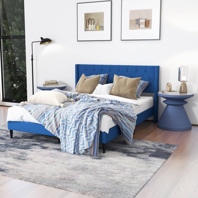 Upholstered Platform Bed with Button Tufted Wingback Headboard