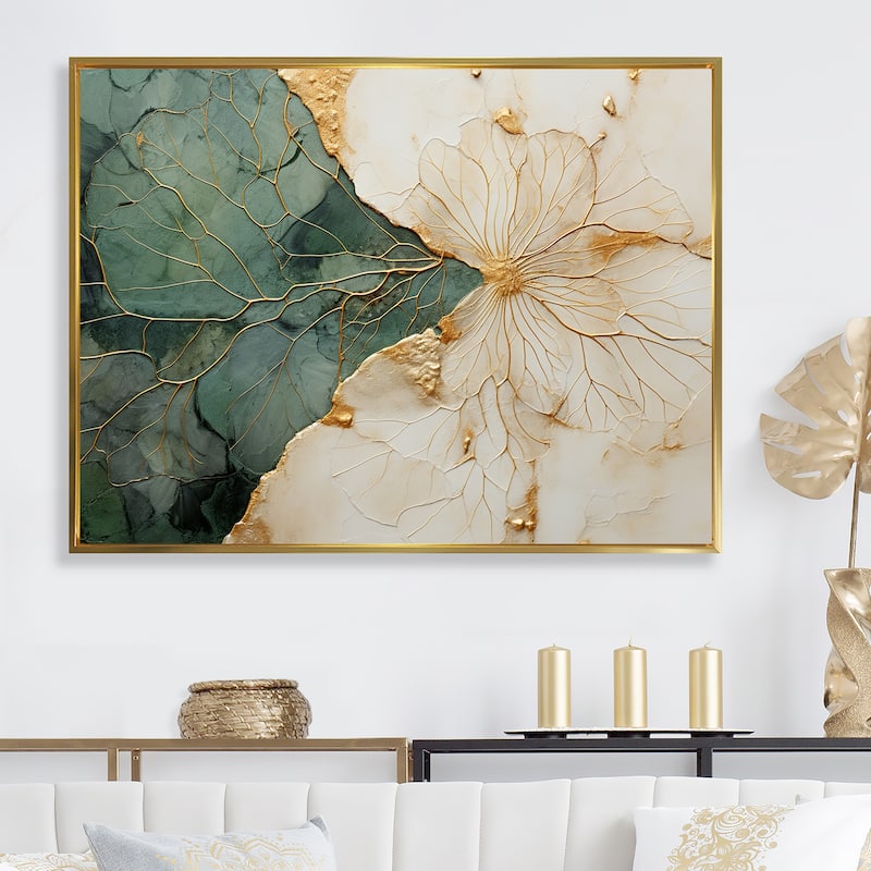 Designart "Green Gold Minimalism Poteries I" Abstract Spirals Framed Wall Art Living Room - 40 in. wide x 30 in. high - Gold