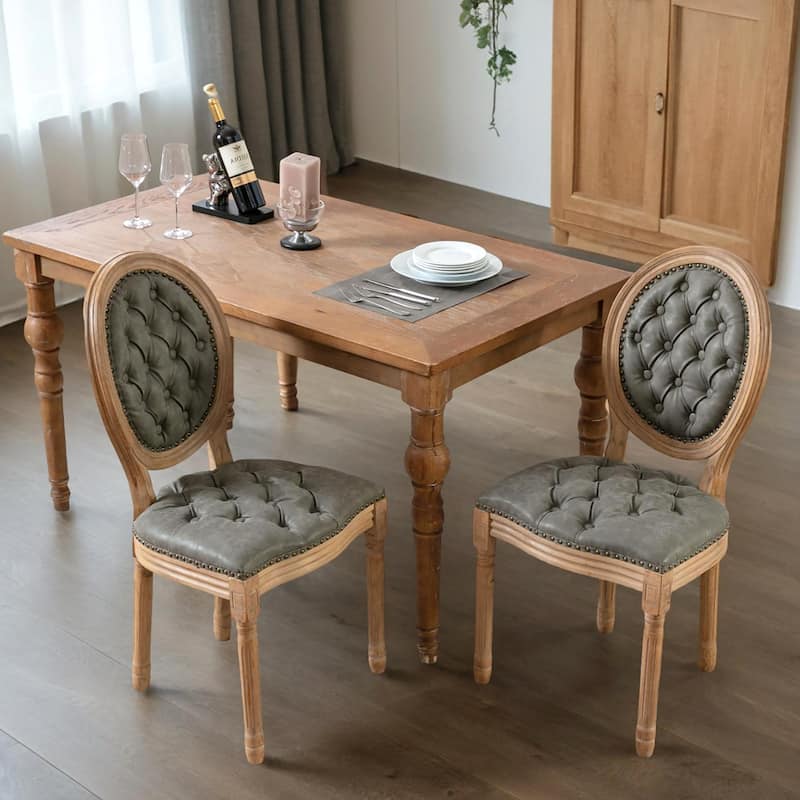 French Style Solid Wood Frame Antique Painting, PU artificial leather Dining Chair with Nailhead Trim ,Wood Legs,Set of 2 - Olive Green
