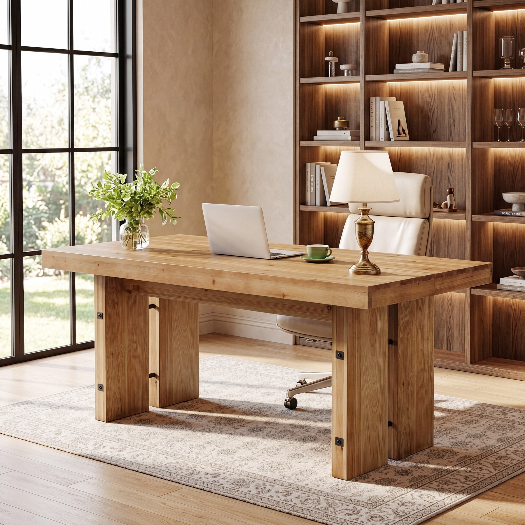 63-Inch Executive Desk, Solid Wood Computer Desk, Farmhouse Writing Conference Table Workstation for Home Office