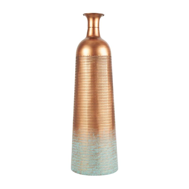 Metal Ribbed Textured Vase with Distressed Teal Accents - Set of 2 Copper - Roche River Decor - 9"W x 9"L x 29"H