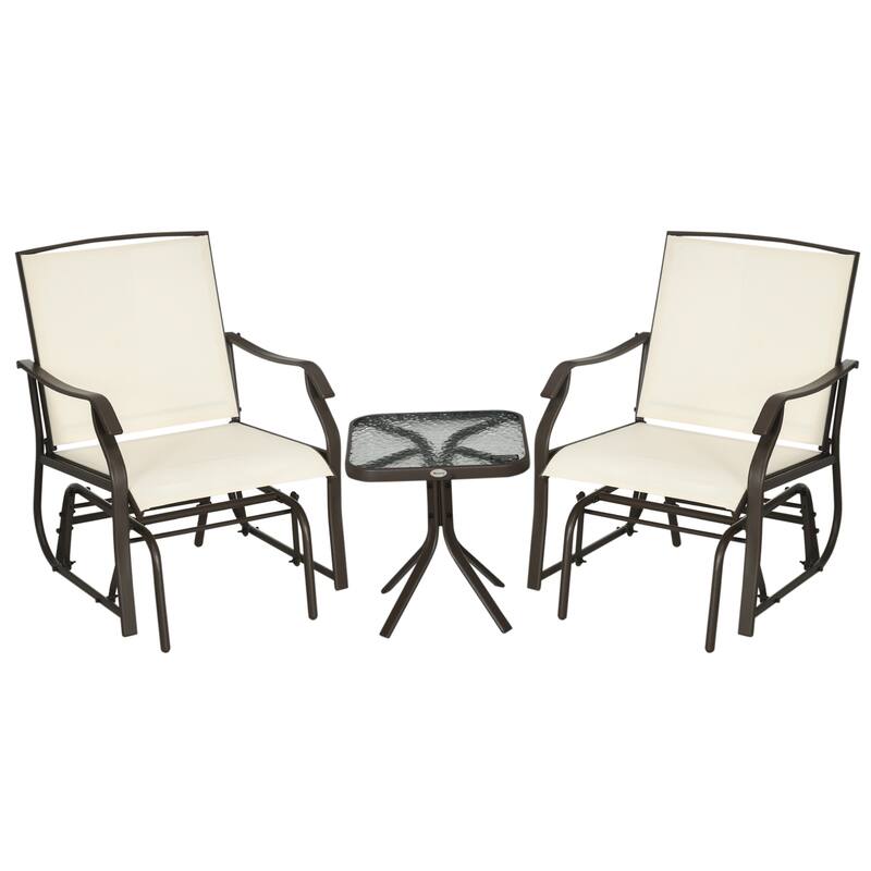 3 Piece Outdoor Glider Chair with Coffee Table Bistro Set, 2 Patio Rocking Swing Chairs with Breathable Sling Fabric, Gl