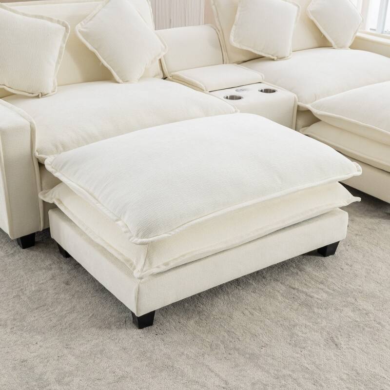 111" Chenille Upholstered Sectional Sofa with 2 Ottomans and 2 USB Ports, 2 Cup Holders