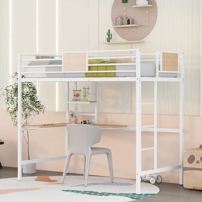 Twin Size Metal Loft Bed with Desk and Shelve for Kids, Teens, Girls, Boys
