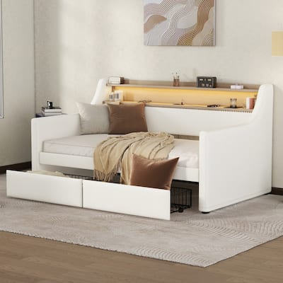 Twin Size Daybed with Storage Drawers,Upholstered Daybed with Charging Station and LED Lights