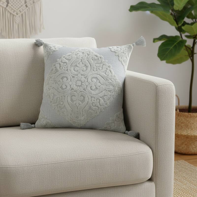 18" Silver And Gray Medallion Viscose Throw Pillow Cover with Tassels - Cover Only - 18.00 in. x 18.00 in.  x 0.25 in. - Silver/Gray - Pillow Covers