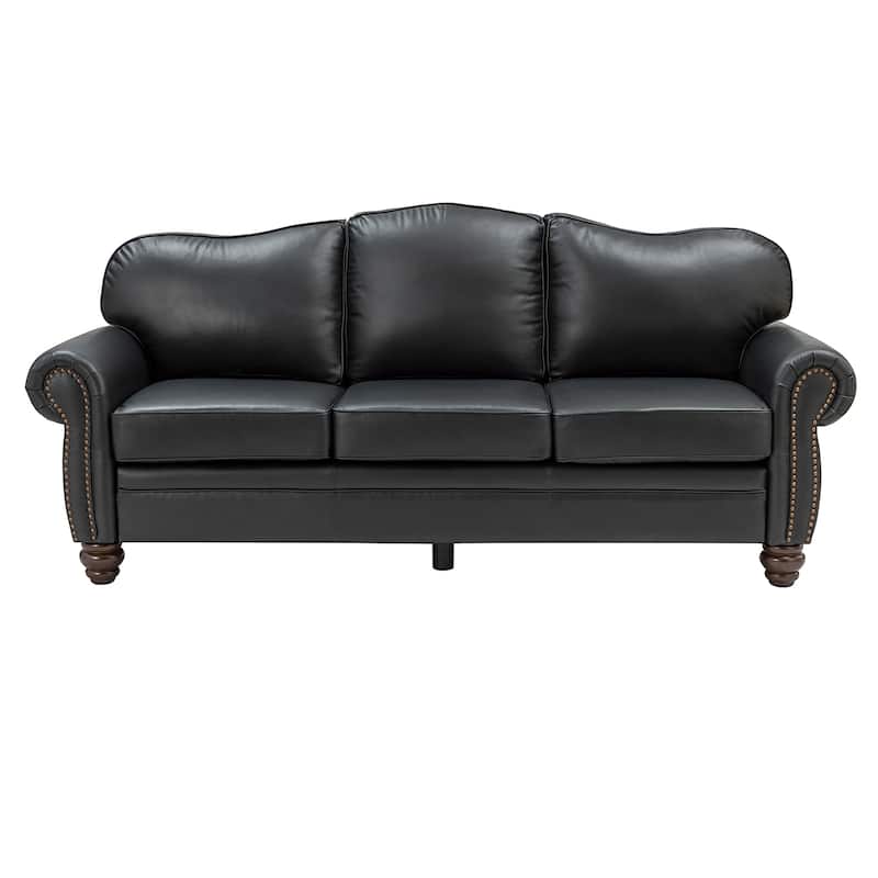 Balvino 81" Wide Transitional Genuine Leather Rolled Arm Nailhead Trim Sofa with Solid Wood Legs and Removable Cushions