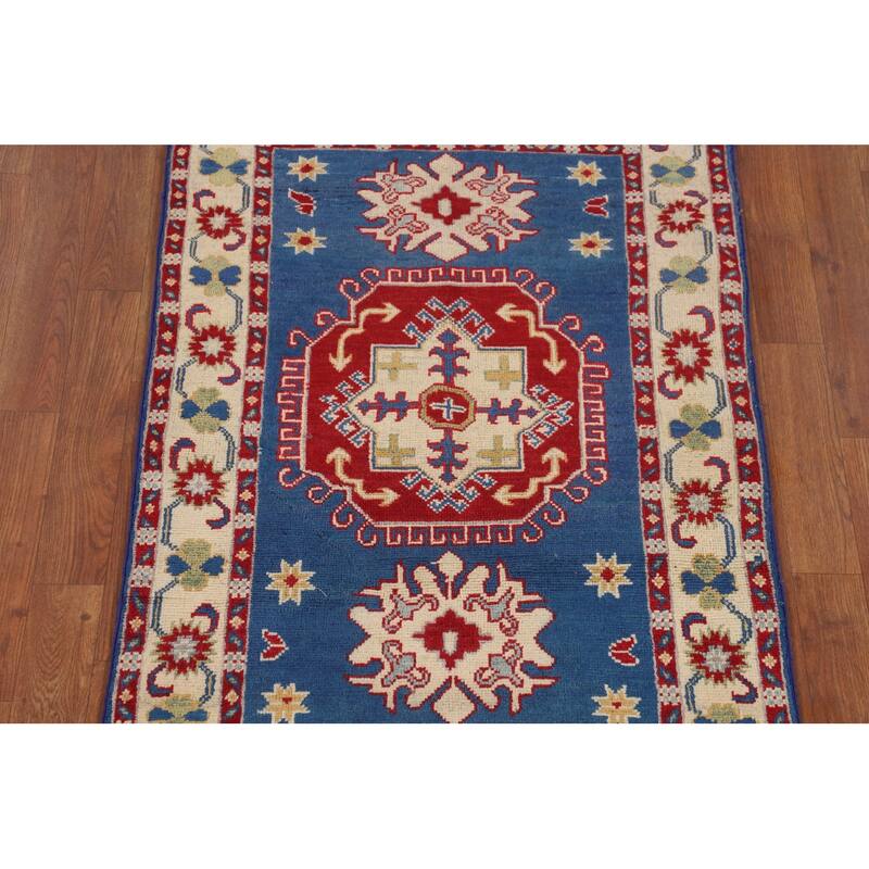 Geometric Kazak Foyer Rug Hand-Knotted Traditional Blue Wool Carpet - 2'7" x 3'11"