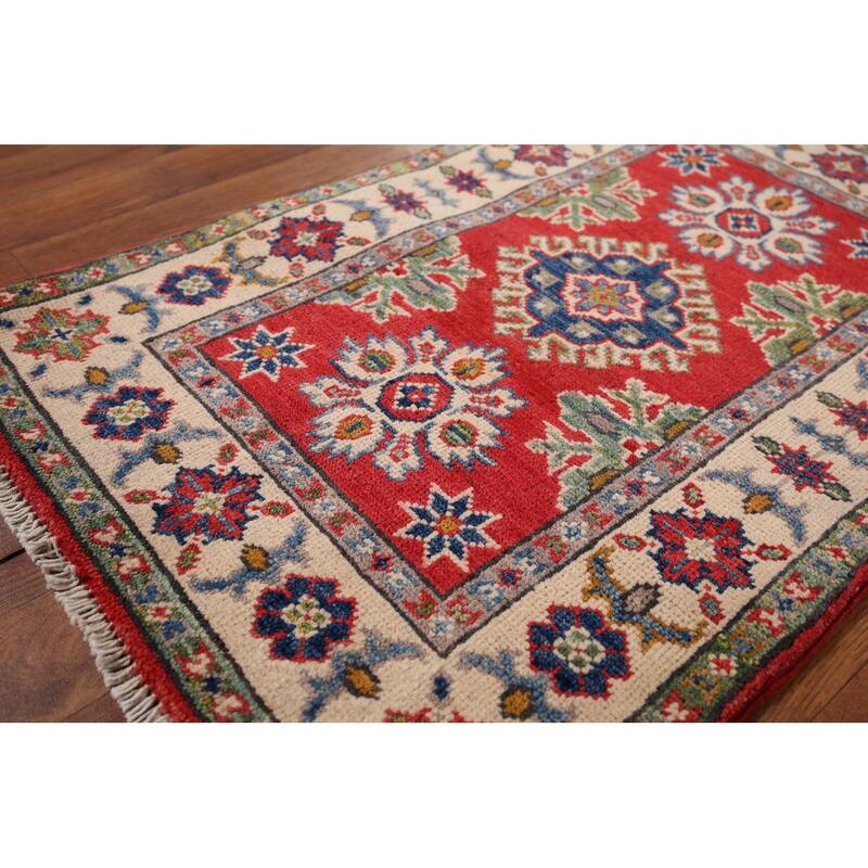 Kazak Oriental Accent Rug Hand-Knotted Geometric Red Wool Carpet - 2'0" x 3'0"