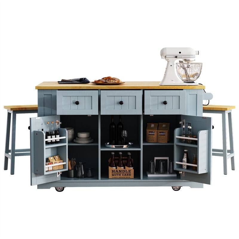 3-Piece/1 Piece Kitchen Island Set with/without 2 Bar Stools, Kitchen Cart on Wheels with 3 Drawers, Drop Leaf & Open Side Racks
