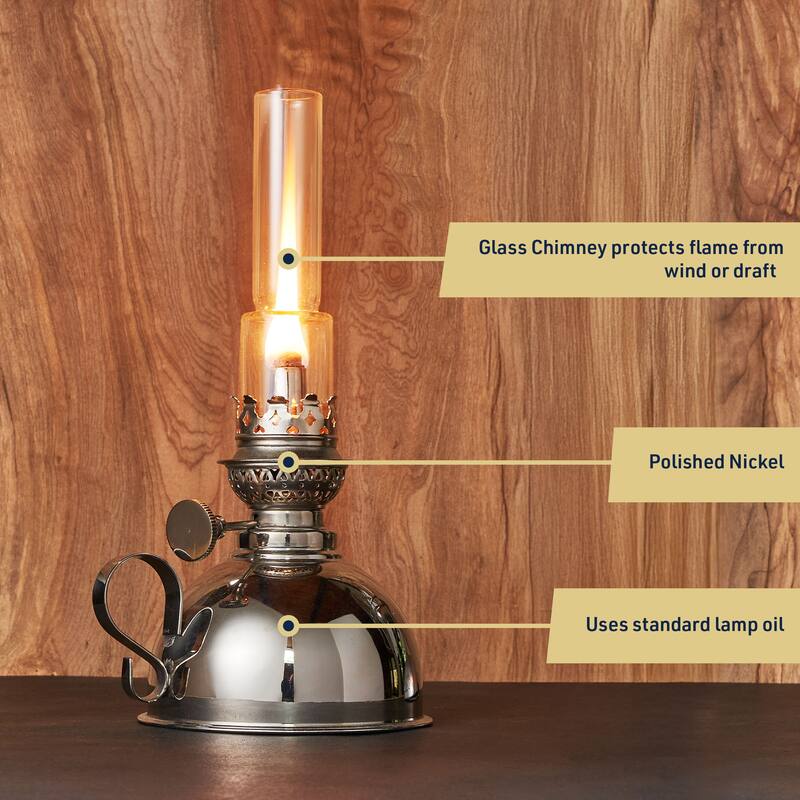 Kings County Tools 9-inch Oil Lamp with Nickel Body and Glass Chimney - Extra-Bright Hurricane Lantern