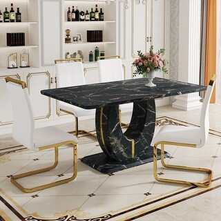Black Marble Pattern MDF Dining Table Set - 63"x37" with 4 White PU ...