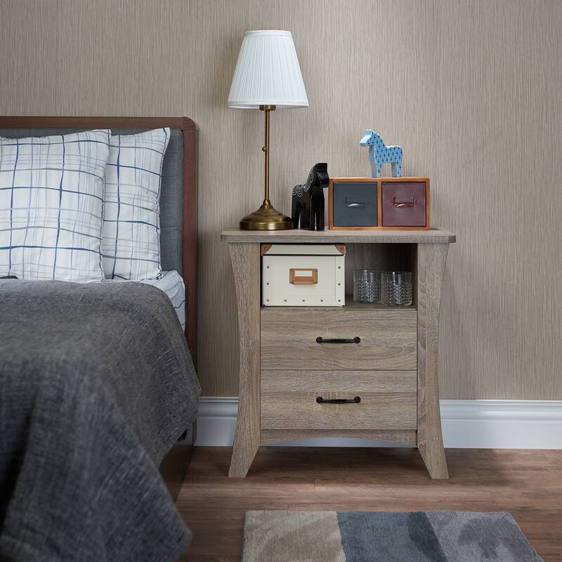 Wood Rustic Nightstand with 2 Drawers and Metal Handles