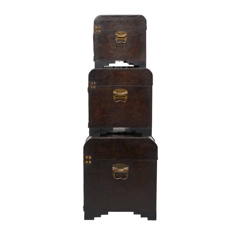 Brown Wooden Nesting Upholstered Decorative Trunk with Vintage Accents and Studs (Set of 3)