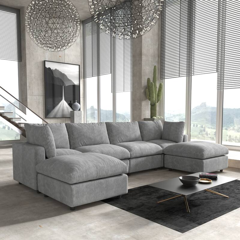 Minimalist U-shaped Upholstered Sofa 4-Seater Chenille Modular Sectional Couch with 2 Ottoman