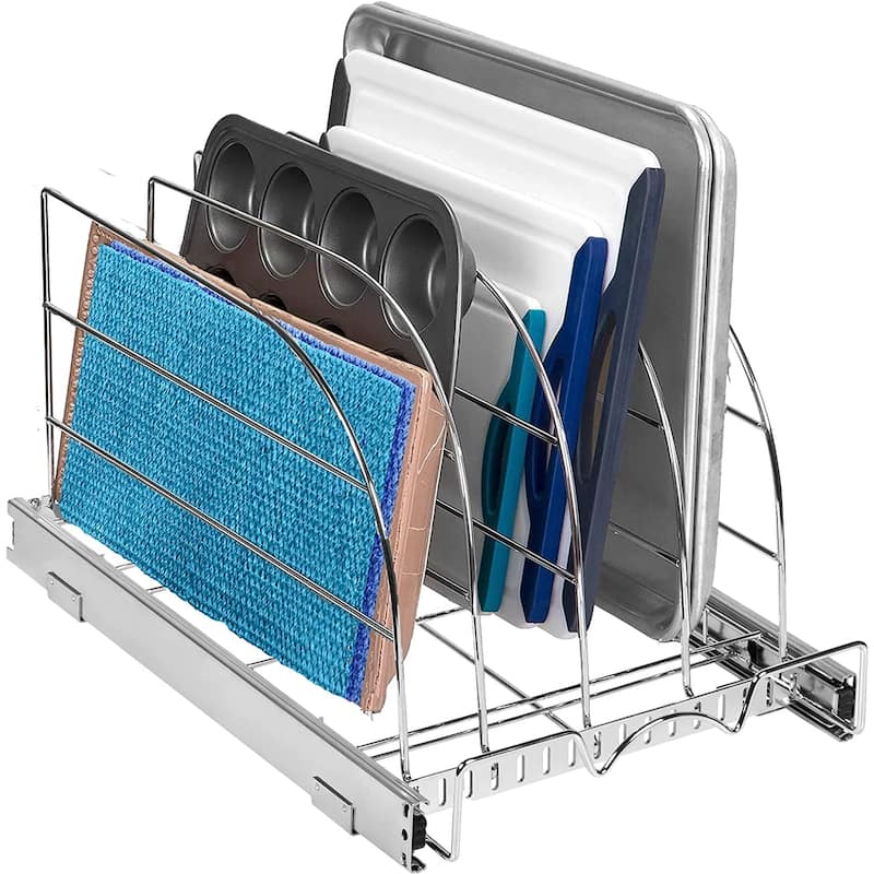 Pull Out Organizer Rack for Bakeware 12.5” W x 21” D x 10.63” H Heavy Duty Chrome - Grey