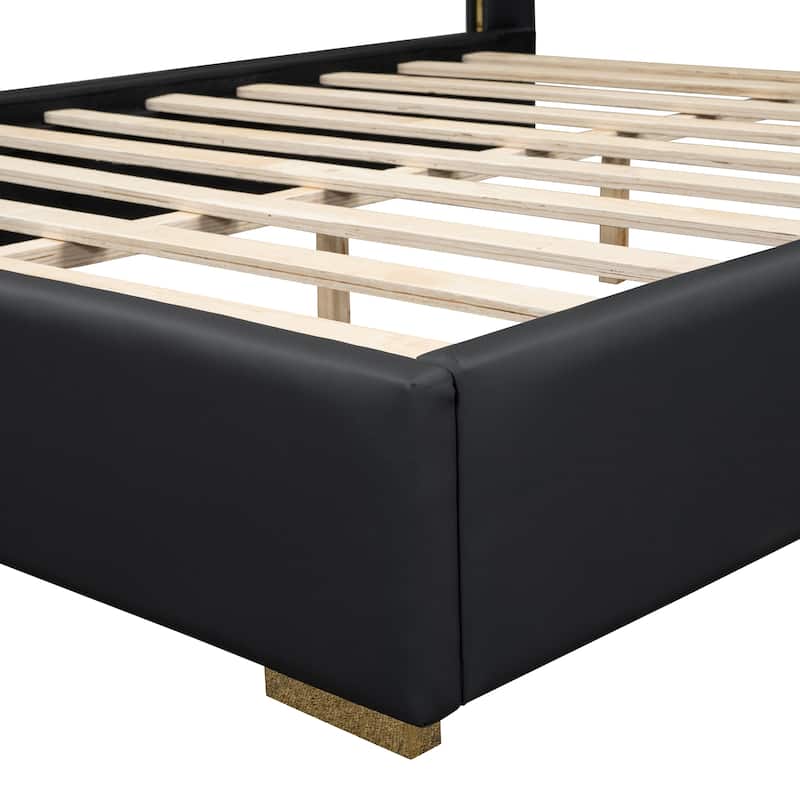 Contemporary Full Upholstered Platform Bed with PU Cover and Wooden Slats
