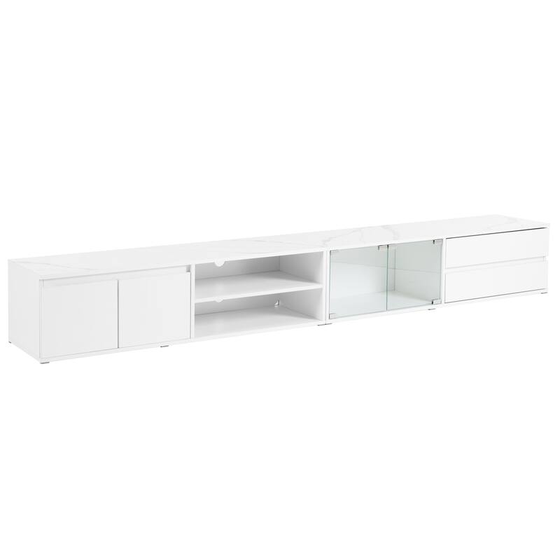 Large Media Console with LED, Faux Marble, Tempered Glass, and Storage for 105" TV