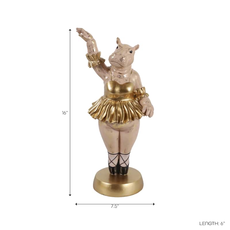 Decorative Ballerina Resin Hippo Figurine with Base - 16", Gold & Gray - 15.75"