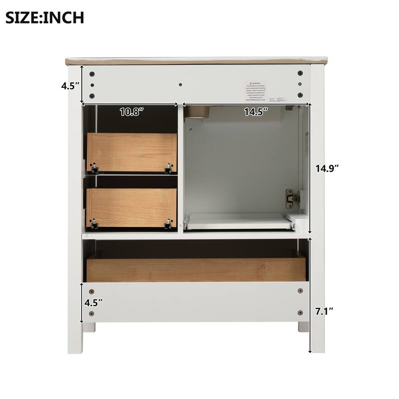 30" Bathroom Vanity with Ceramic Sink, Soft-Close Doors & Drawers, Solid Wood Frame, Modern Storage Cabinet