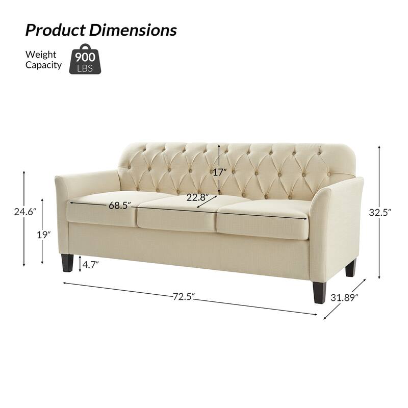 Evaristo Transitional 72.5"Wide Flared Arm Sofa with Removable Seat Cushion by HULALA HOME