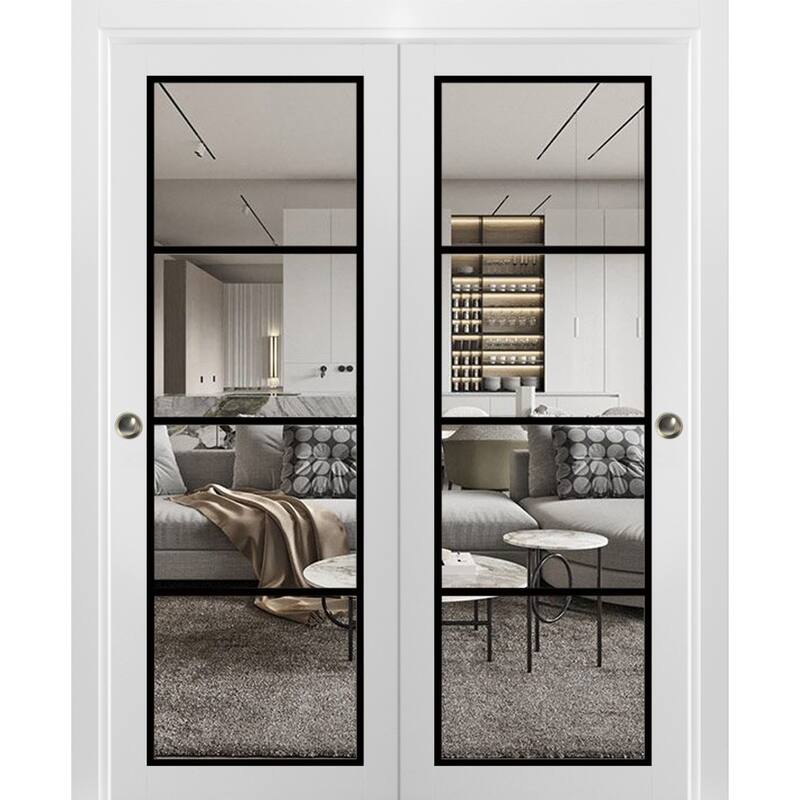 Bypass Doors 36 x 80 Lucia 2466 White Silk Clear Glass Sturdy Rails - White - 48" x 80" ( 2* 24x80)