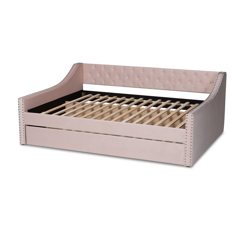 Pink Velvet Daybed with Trundle - Full Size Upholstered Day Bed, Button Tufted Design, Nailhead Trim