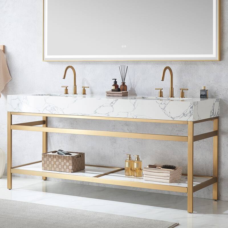 Ecija Bath Vanity, Metal Support with Composite Stone Top and Mirror
