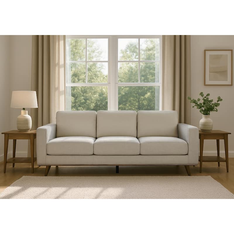 Bishop White Corduroy Twill Fabric Sofa with Walnut Wood Legs