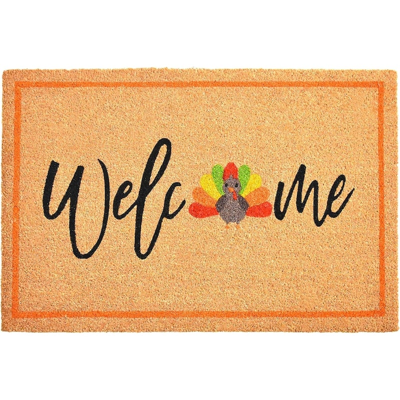 HomeRoots 17" X 29" Natural And Brown Thanksgiving Welcome Outdoor Coir Door Mat - 17.00' X '29.00