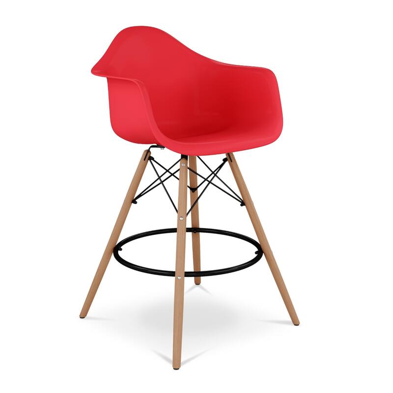 Wood Plastic Bucket Seat Counter Height Chair with Arms and Footrest - 19” x 23” x 47” (D x W x H) - Red